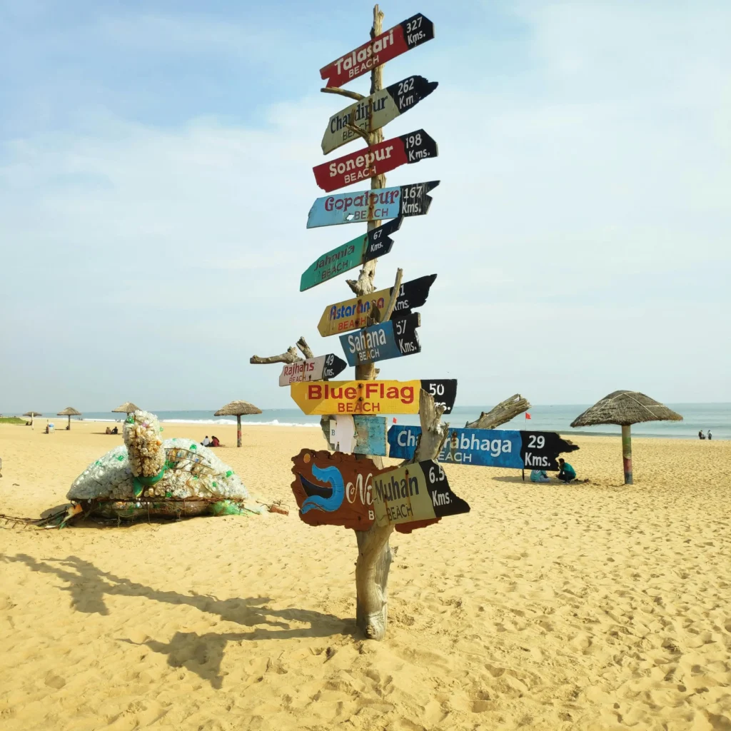 Pir Jahania Beach Signpost with Distance Markers to Nearby Beaches, Odisha