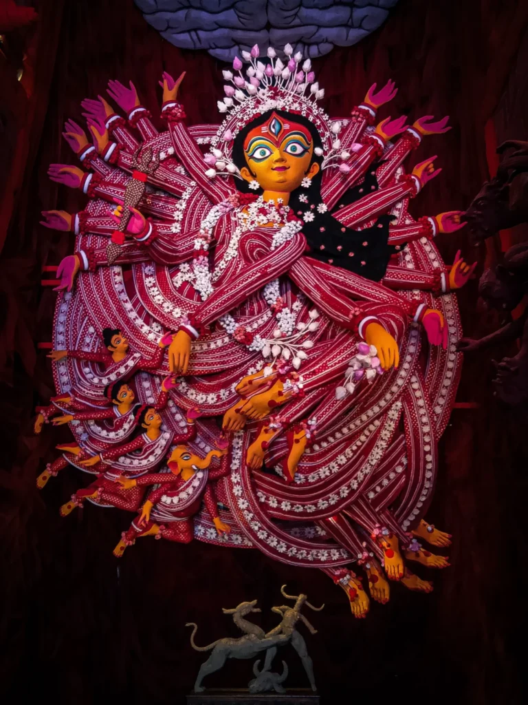 Close-up of Goddess Durga face with chokkhu daan eye painting ritual by Kumartuli artisans